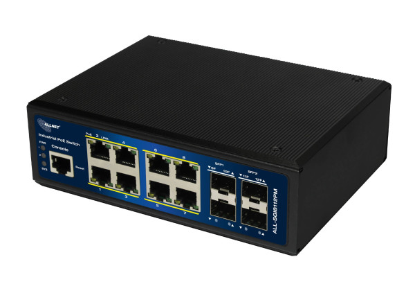 ALLNET Switch industrial full managed Layer2+ 12 Port GbE  PoE Budget 240W  8x PoE BT  4x SFP  L
