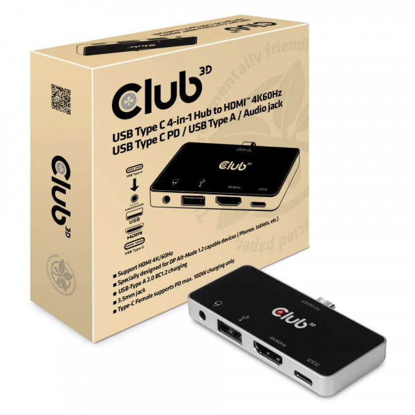 USB Hub Typ C => HDMI 4K60Hz, USB Typ C PD, USB Typ A, Audio Buchse *Club 3D*