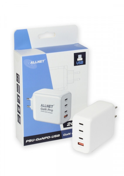 ALLNET Ersatznetzteil QC USB-C PD GaN Netzteil Power Supply 200 Watt 1x USB Typ-A QC, 3x USB Typ-C**