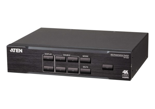 Aten Video Switch, 4xInput(3xHDMI,1xVGA), 2xOutput(HDMI), 4K, Dual-Ausgang,