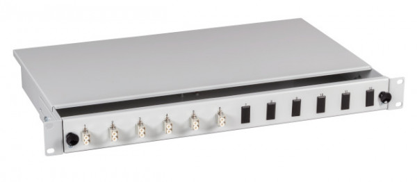 LWL-Patchpanel Spleisbox,19", 6xLC(APC)-Duplex, 9/125um, OS2, ausziehbar, Pigtails abgesetzt