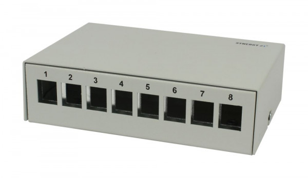 Patch Panel 8xTP, CAT6A, incl.Keystone, Slim-line/Short, Aufputz Metall, Lichtgrau, Synergy 21,