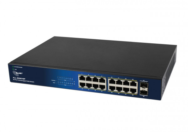 ALLNET Switch unmanaged Layer2 18 Port  PoE Budget 240W  16x PoE at  2x SFP  19"  Lüfterlos 