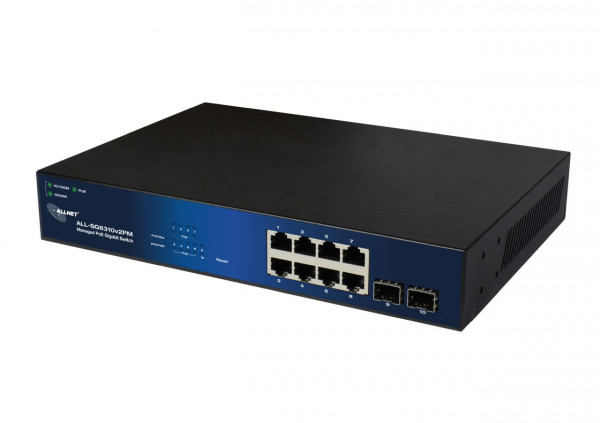 ALLNET Switch smart managed Layer2 10 Port  PoE Budget 140W  8x PoE at  2x SFP  19"  Lüfterlos