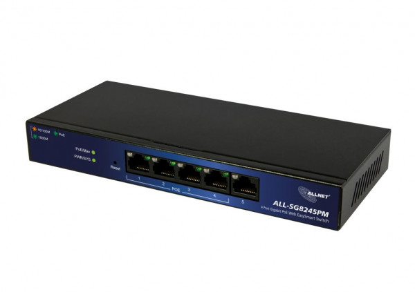 ALLNET Switch smart managed 5 Port Gigabit 60W / 4x PoE+ / 1x LAN / Lüfterlos "ALL-SG8245PM"