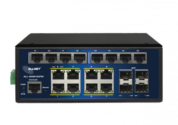 ALLNET Switch industrial full managed Layer2+ 20 Port  20x GbE  PoE Budget 240W  8x PoE at  8x G