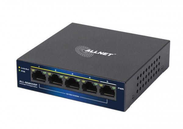 ALLNET Switch unmanaged Layer2 5 Port  5x 1GbE  PoE Budget 69W  Lüfterlos  ALL-SG8005P