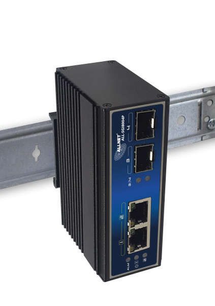 ALLNET switch industrial unmanaged Layer2 4 Port GbE  PoE Budget 180W  2x PoE bt  2x SFP  Lüfte