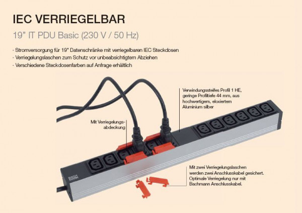 ALLNET 19"zbh. Steckdosenleiste,12xKaltgeräte(C13)->Stecker(C20), mit Verriegelungssystem, Bachmann,