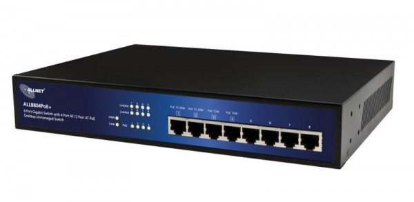 ALLNET Switch unmanaged 8 Port Gigabit 63W / 4x PoE+ / 4x LAN / Lüfterlos /19" / "ALL8804PoE+"