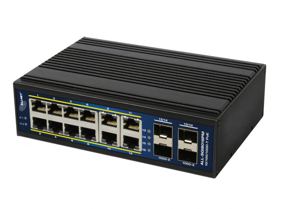 ALLNET Switch managed L2+/L3 industrial 16 Port Gigabit / 12x PoE / 4x SFP / Lüfterlos / DIN / IP40