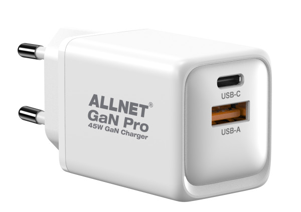 ALLNET Ersatznetzteil QC USB-C PD GaN Netzteil Power Supply 45 Watt 1x USB Typ-A QC, 1x USB Typ-C**E