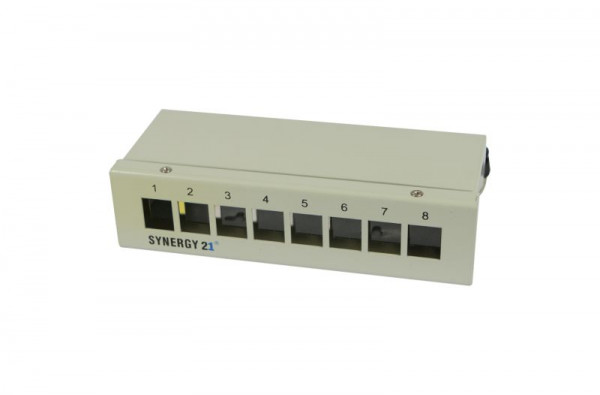 Patch Panel 8xTP, CAT6A, incl.Keystone, Aufputz Metall, Lichtgrau, Synergy 21,