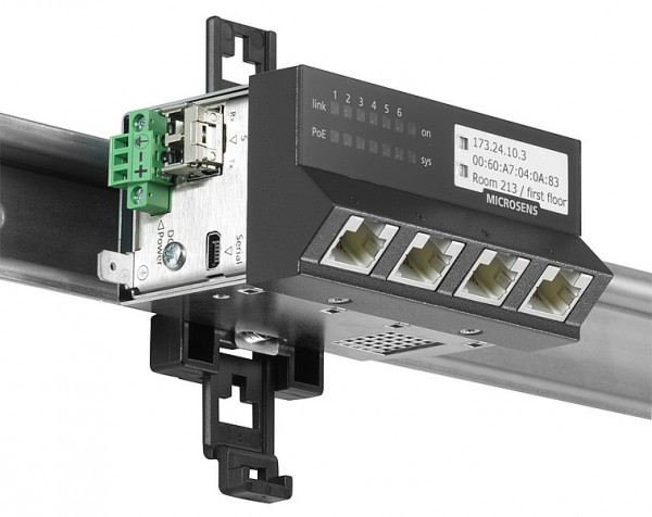 Microsens Gigabit Ethernet ruggedized Micro-Switch, Hutschiene, horizontal, PoE+, 5xRJ45, 1xSFP, MS4
