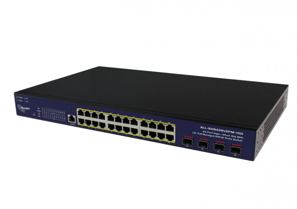 ALLNET Switch smart managed Layer2 28 Port  24x 1 GbE  PoE Budget 400W  4x SFP+  19"  Lüfterlos