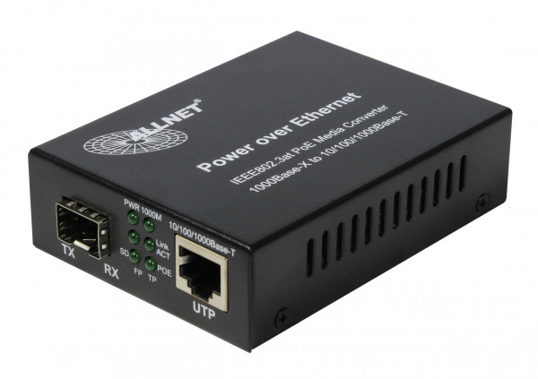 ALLNET Medienkonverter PoE (15,4W/30W) auf 1000BASE-SX/LX Single-/ Multimode SFP Mini-GBIC Anschluss