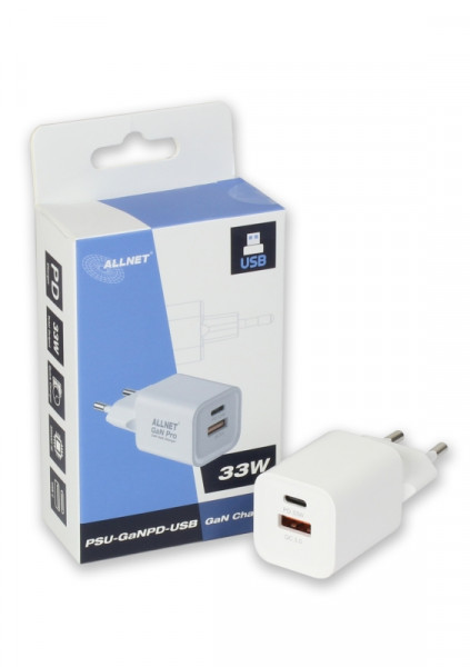 ALLNET Ersatznetzteil QC USB-C PD GaN Netzteil Power Supply 33 Watt 1x USB Typ-A QC, 1x USB Typ-C**E