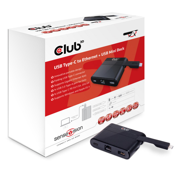 Club 3D SenseVision Adapter USB 3.0 C > Ethernet Gigabit LAN + USB 3.0 + USB Typ C