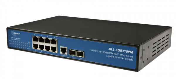 ALLNET Switch smart managed 8 Port Gigabit 150W / 8x PoE+ / 2x SFP / Lüfterlos / 19" / "ALL-SG8310PM