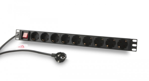 ALLNET 19"zbh. Steckdosenleiste, 9xDosen(CEE7)->Stecker(CEE7), Schalter, Schwarz, Synergy 21