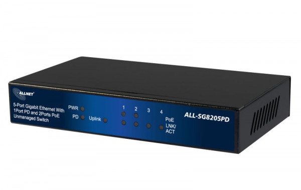 ALLNET Switch unmanaged 5 Port Gigabit 36W / 2x PoE / 2x LAN / 1x PoE+ In / "ALL-SG8205PD"