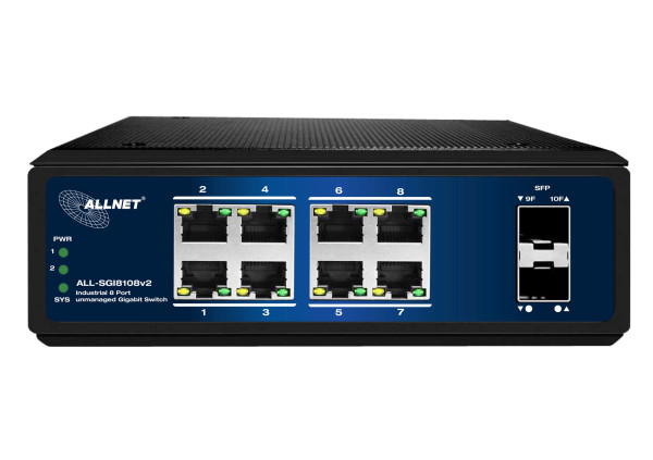 ALLNET Switch industrial unmanaged Layer2 10 Port GbE  8x GbE  2x SFP  Lüfterlos  DIN  IP40  A